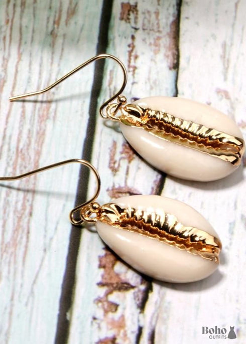 Boho Earrings, Dangle Earrings, Natural Shell with Gold